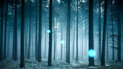 Ethereal misty forest with towering trees and glowing orbs creating a magical and atmospheric scene, perfect for fantasy or mystery themes. - Powered by Adobe