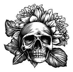 Obraz premium Artistic Skull Illustration with Floral Elements in Black and White