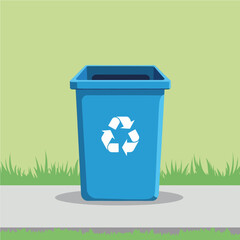 Recycling bin with eco-friendly symbol against green background  