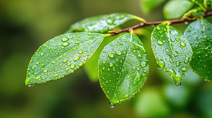 Refreshing Rain, Water Droplets Adorning Vibrant Green Leaves after Rainfall