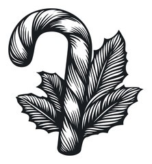 Detailed Engraving of Candy Cane Surrounded by Leaves Design