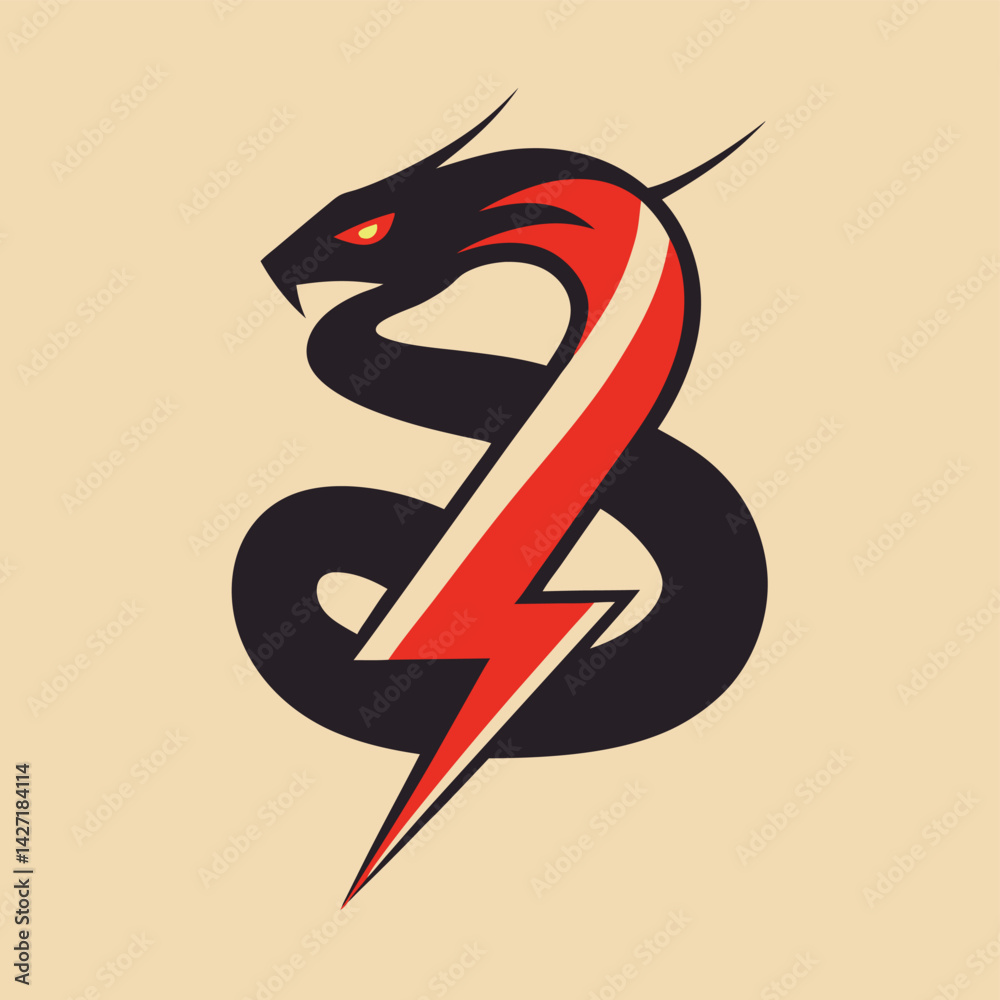 Fototapete Bold logo featuring a stylized dragon intertwined with a lightning bolt in vibrant colors with a dynamic design and smooth vector style