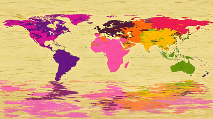 Naklejka premium Colorful world map reflecting in water, global interconnectedness concept, education or travel resource