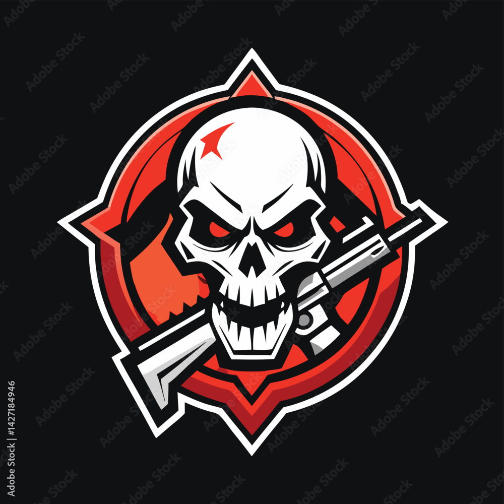 Poster skull logo featuring a menacing face and a rifle design for an edgy and bold visual identity suitabl