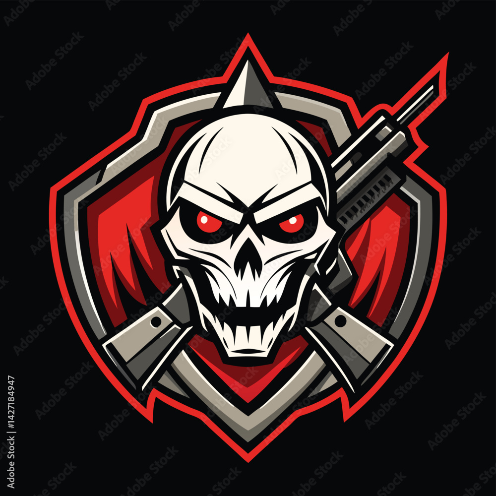 Poster skull logo featuring a menacing face and a rifle design for an edgy and bold visual identity suitabl