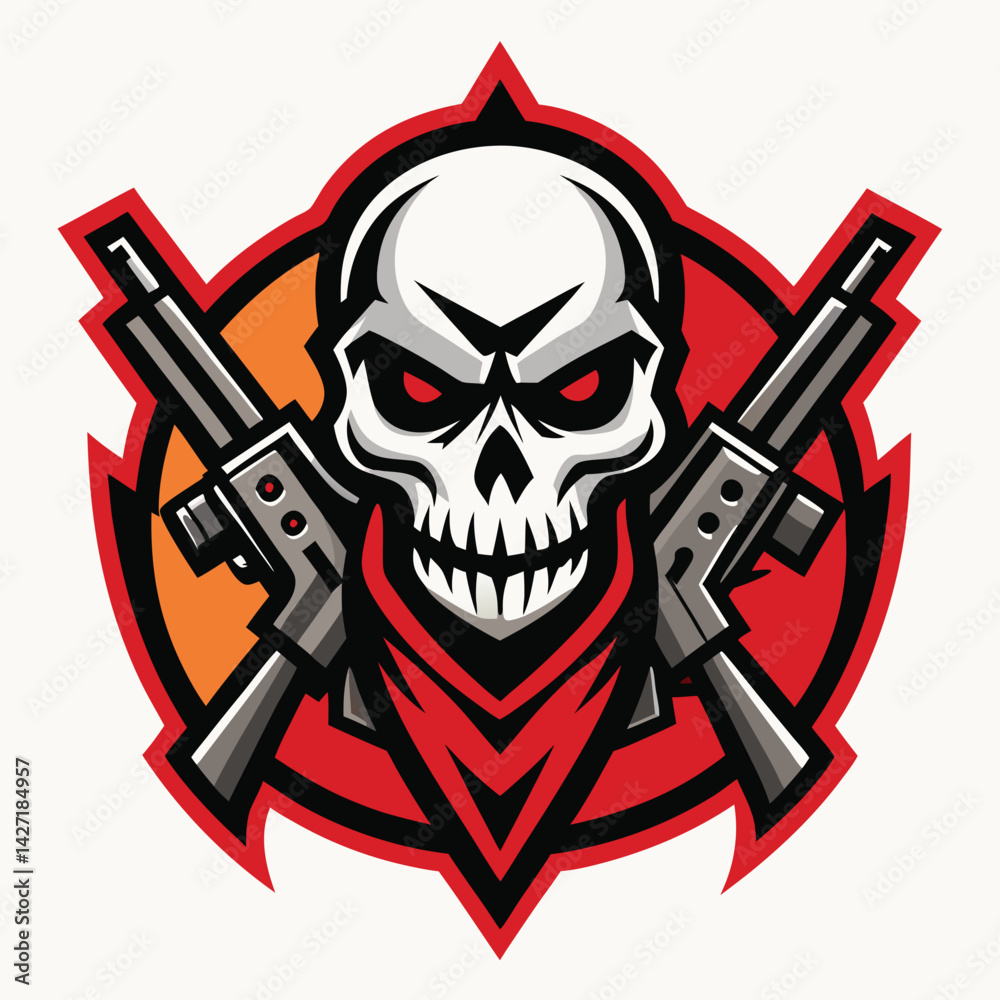 Poster skull logo featuring a menacing face and a rifle design for an edgy and bold visual identity suitabl