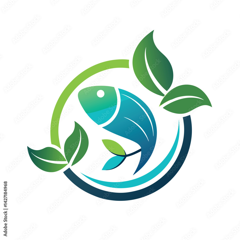 Poster logo design featuring a fish and leaves in a circular format with vibrant blue and green colors for 