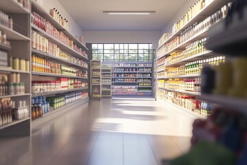 Grocery Store Aisle with Stocked Shelves and Canned Goods