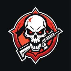 Skull logo featuring a menacing face and a rifle design for an edgy and bold visual identity suitable for gaming or action-themed brands