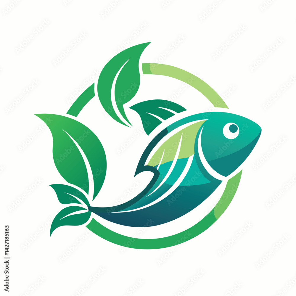 Poster logo design featuring a fish and leaves in a circular format with vibrant blue and green colors for 