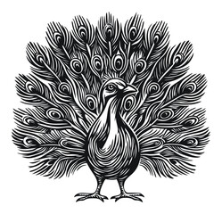 Fototapeta premium Detailed Black and White Engraving of a Majestic Peacock Design