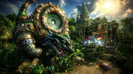 Fototapeta premium Majestic dragon statue guards temple ruins in lush jungle; vibrant fantasy landscape for game or film