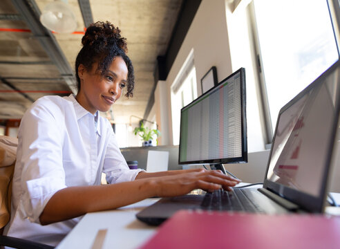 Office professional woman typing on laptop at office desk with external monitor and potted plant