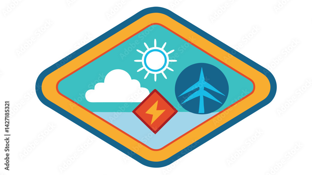 Poster Vector illustration of a logo featuring a stylized flower design in front of a blue background with raindrops and a lightning bolt symbolizing weather resilience