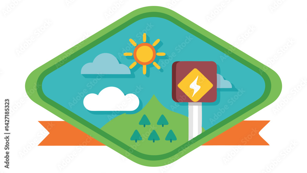Aufkleber Vector illustration of a logo featuring a stylized flower design in front of a blue background with raindrops and a lightning bolt symbolizing weather resilience