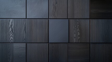 Various wooden and textured panels arranged in a modern pattern on a flat surface