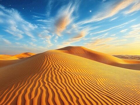 Golden Desert Sunset Arabian Sands Under Starry Sky. - Powered by Adobe