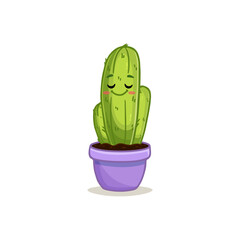 Cactus in a pot. Cute cartoon cactus with eyes on the white background. Funny cactus in flat style. Vector illustration
