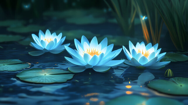 Three luminous blue water lilies illuminated in dark water, surrounded by lily pads. Static Lily. Illustration