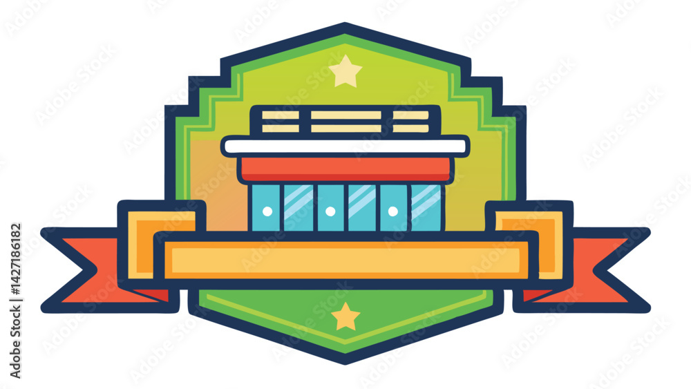 Poster vector illustration of a colorful logo featuring a building, mountains, and stylized clouds in a vib
