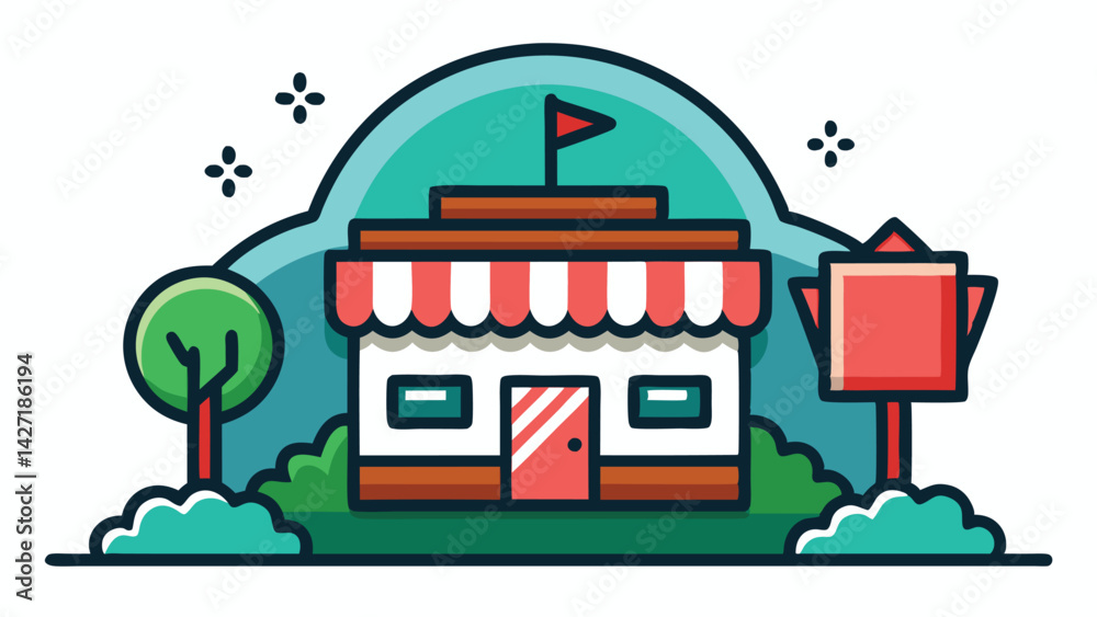 Poster vector illustration of a colorful logo featuring a building, mountains, and stylized clouds in a vib