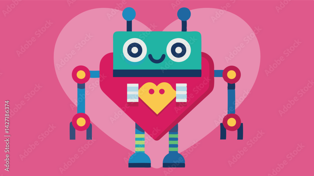 Poster Cute red robot character with heart-shaped body and playful features on a teal background designed as clipart, perfect for digital designs or children's themes
