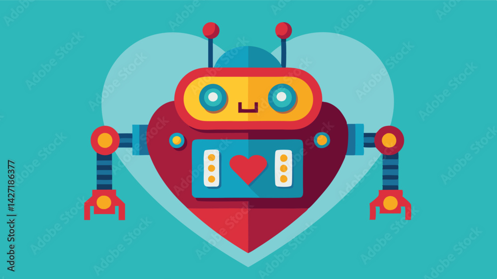 Poster cute red robot character with heart-shaped body and playful features on a teal background designed a