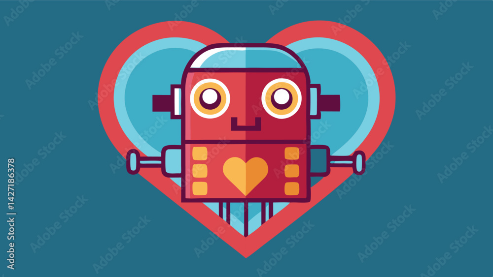 Poster cute red robot character with heart-shaped body and playful features on a teal background designed a
