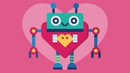 Cute red robot character with heart-shaped body and playful features on a teal background designed as clipart, perfect for digital designs or children's themes