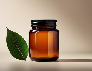 amber glass jar with black lid and green leaf on minimal background