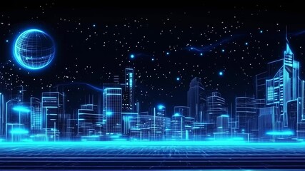 Holographic cityscape with abstract lines and dots. Blue glowing wireframe city model on dark background animation. Futuristic technology and digital transformation concept video. - Powered by Adobe