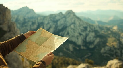 Close-up of a traveler’s hands holding a map in a beautiful mountain landscape, ideal for travel, adventure, exploration, and outdoor projects, evoking discovery and natural beauty