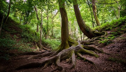 Fototapeta premium twisted tree roots unfolding beneath dense foliage woodland greens