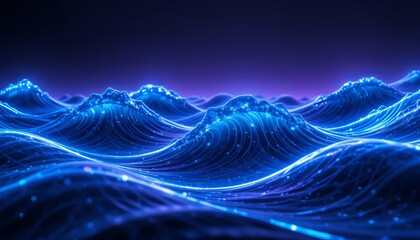 Glowing blue waves under a dark sky creating a mesmerizing and ethereal ocean landscape view
