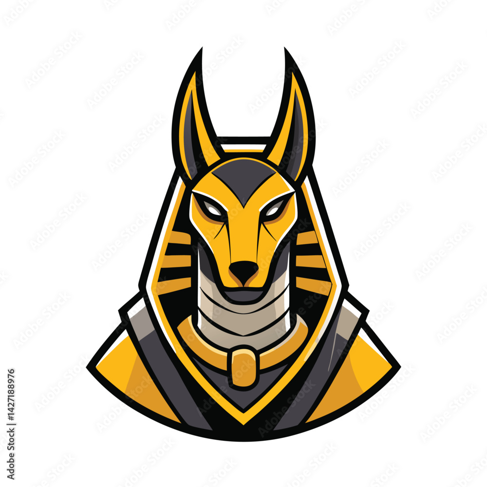 Aufkleber illustration of anubis logo featuring a stylized golden jackal design with bold lines and sharp deta