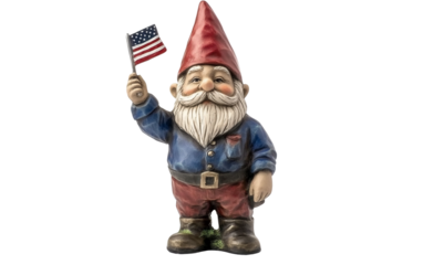 Whimsical garden gnome dressed in patriotic colors performing a salute with flag isolated on white background PNG