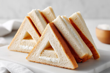 Triangle-cut sandwich breads neatly layered on white surface create a minimalist aesthetic. Perfect for food photography, culinary blogs, and catering services