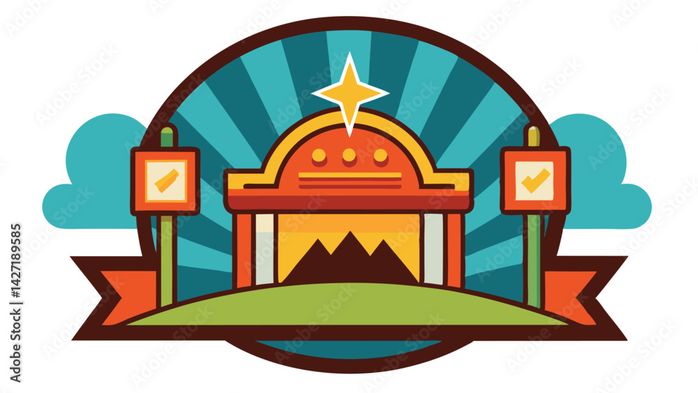 Poster vector illustration of a colorful logo featuring a building, mountains, and stylized clouds in a vib