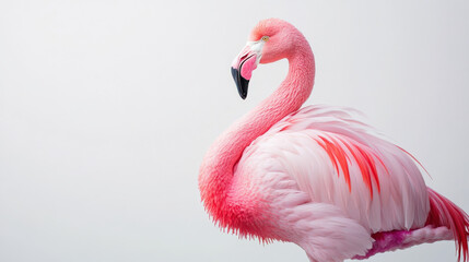 A pink flamingo stands on a white background
