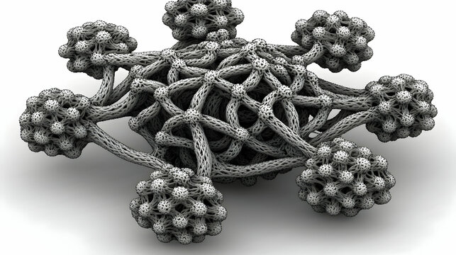 Abstract 3D grey network structure, complex interconnected nodes, white background, science illustration
