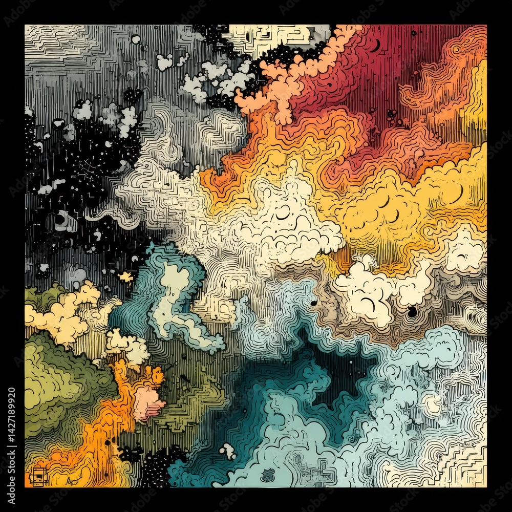 Poster Colorful Abstract Clouds Swirl in a Vibrant Sky Filled With Intricate Patterns Created by Artist Techniques