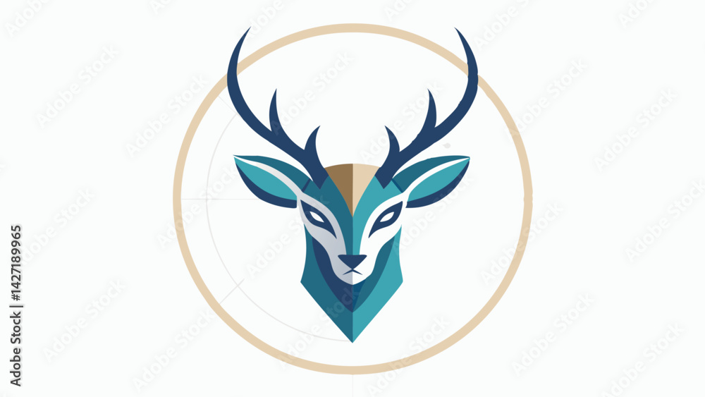 Poster creative vector logo design featuring a stylized deer head with intricate antlers in a circular fram