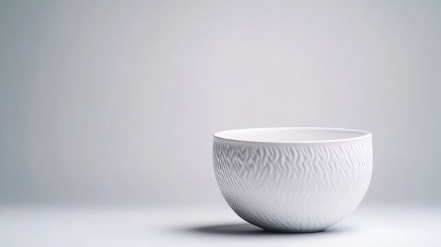 A white textured ceramic bowl sitting on a minimalist light grey background, simple and elegant composition, and studio shot with soft lighting.