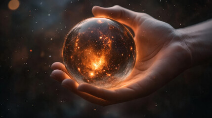 A hand is holding a glowing orb that appears to be a ball of fire