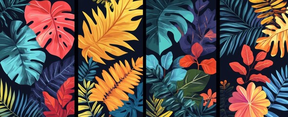 Modern abstract backgrounds that include copy space for text, suitable for designing bright and vibrant banners, posters, cover templates, and social media stories, with a tropical leaf theme