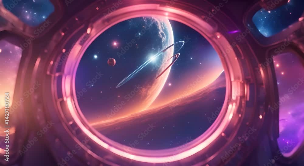 Wall mural captivating fantasy galaxy viewed through a spaceship window evoking a sense of wonder and explorati