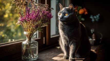 Chartreux cat sitting beside flower vase window table rich blue grey fur golden eyes glowing in sunlight peaceful rustic room background