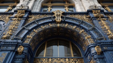 Obraz premium A stunning Ornate Building Entrance with Gold and Blue Details.