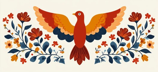 Fototapeta premium Wedding invitations design featuring a Stock in simple flat geometric and linear style with bright colors, including decorative flowers, leaves, and a bird, and copy space for text