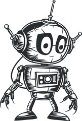 A playful cartoon robot character with large eyes and a cheerful expression in a whimsical design.